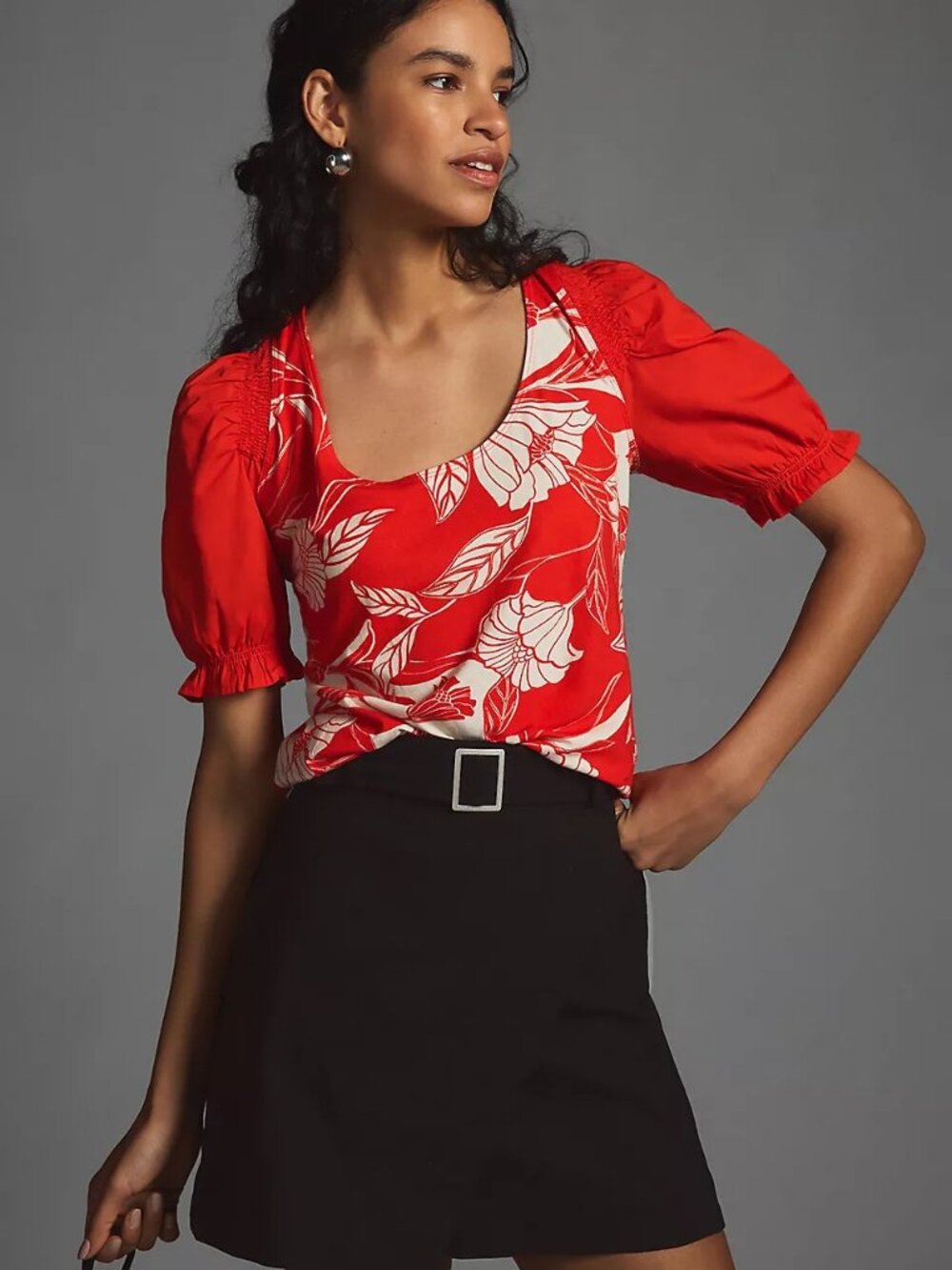 Anthropologie Maeve Red Orange & White Floral Scoop-Neck Puff Sleeve Top Size L